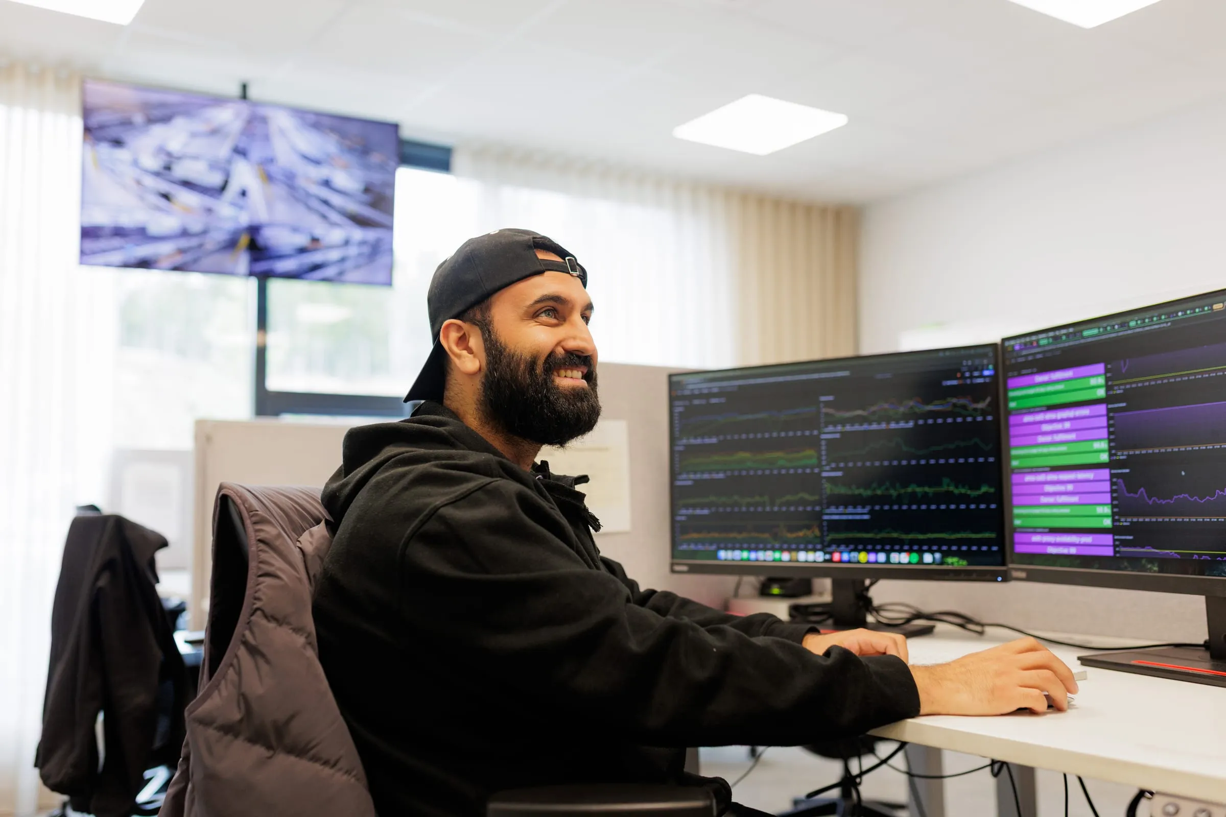 An operations lead monitoring data across several screens